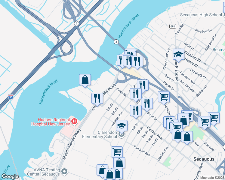 map of restaurants, bars, coffee shops, grocery stores, and more near 34 Meadowlands Parkway in Secaucus