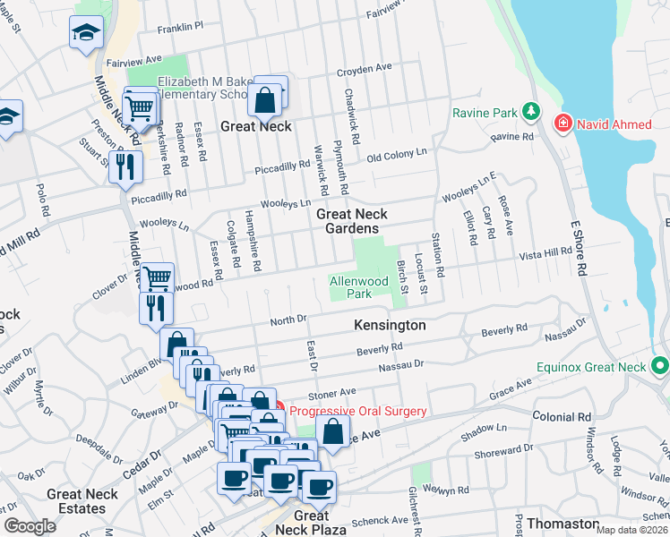 map of restaurants, bars, coffee shops, grocery stores, and more near Allenwood Road in Great Neck