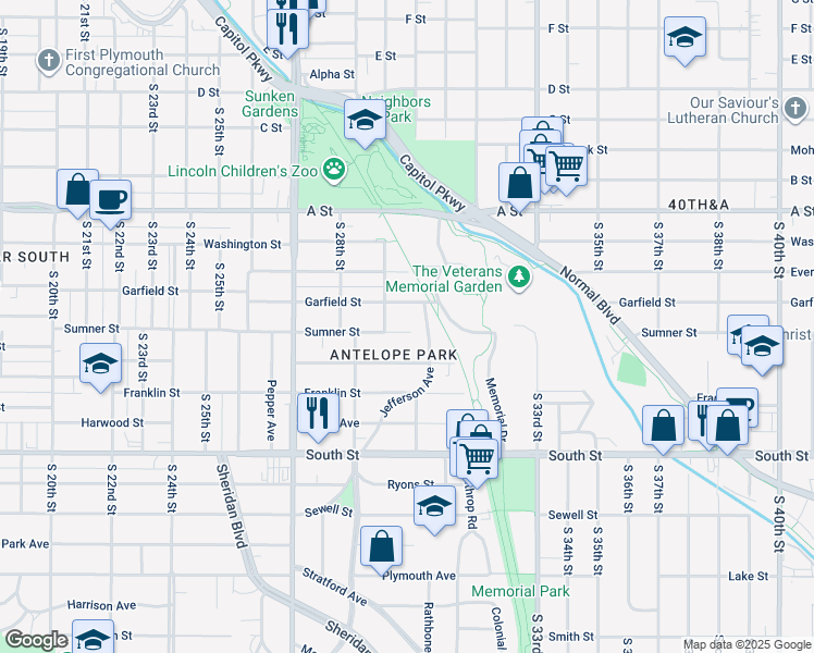 map of restaurants, bars, coffee shops, grocery stores, and more near 2934 Sumner Street in Lincoln