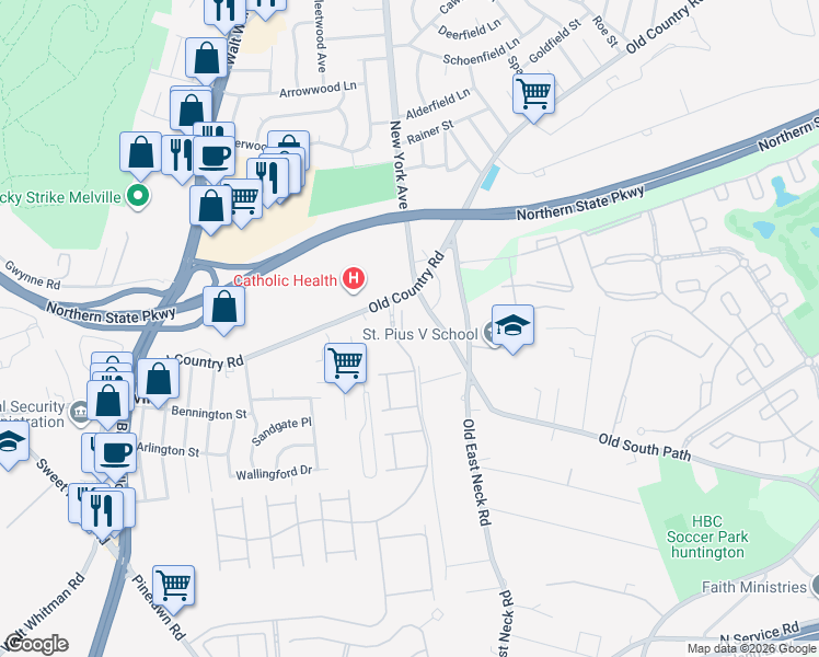 map of restaurants, bars, coffee shops, grocery stores, and more near 18 Wendell Court in Melville