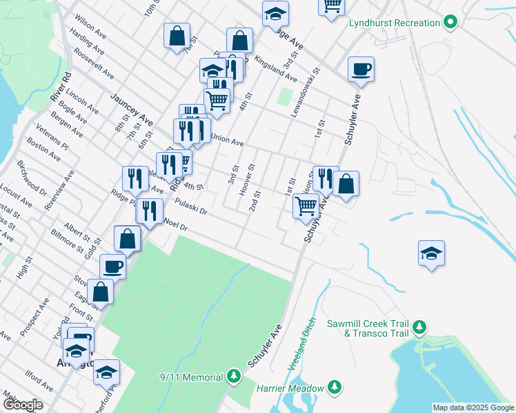 map of restaurants, bars, coffee shops, grocery stores, and more near 70 2nd St in North Arlington
