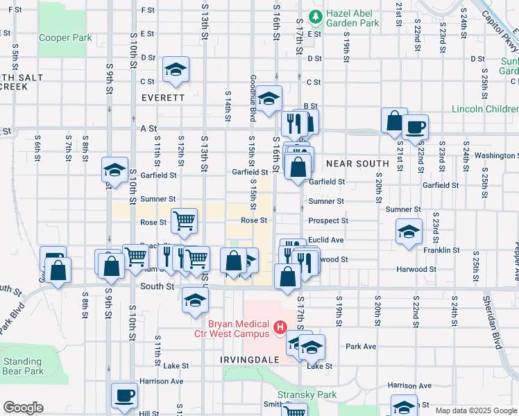 map of restaurants, bars, coffee shops, grocery stores, and more near 1732 South 15th Street in Lincoln