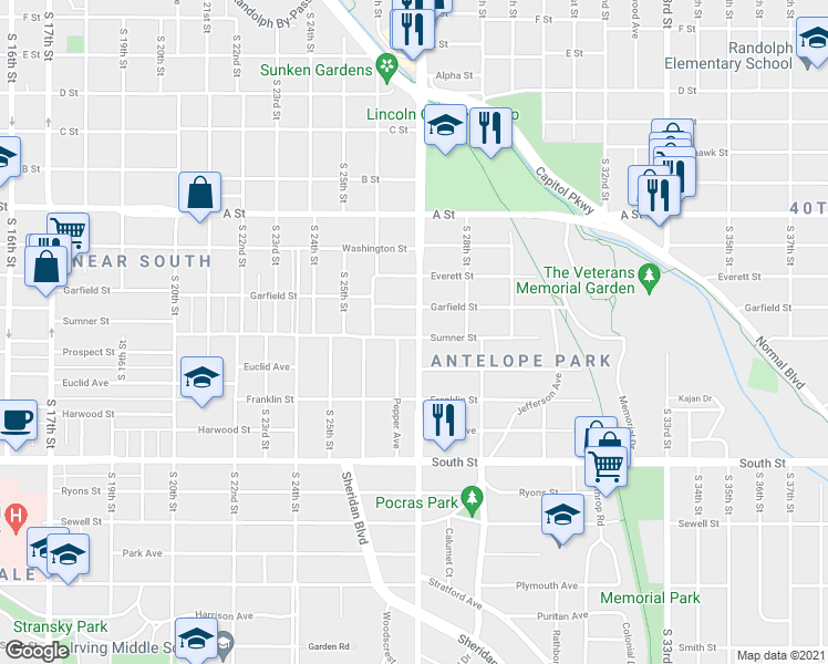 map of restaurants, bars, coffee shops, grocery stores, and more near 2648 Sumner Street in Lincoln