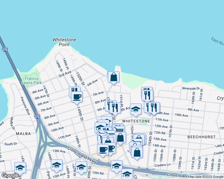 map of restaurants, bars, coffee shops, grocery stores, and more near 6-53 Clintonville Street in Queens