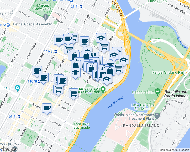 map of restaurants, bars, coffee shops, grocery stores, and more near in New York