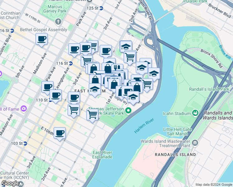 map of restaurants, bars, coffee shops, grocery stores, and more near in New York
