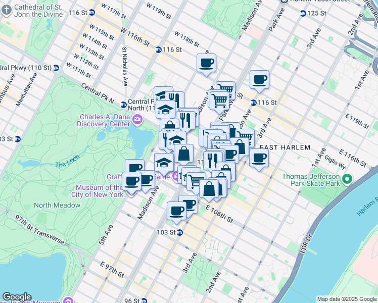 map of restaurants, bars, coffee shops, grocery stores, and more near in New York