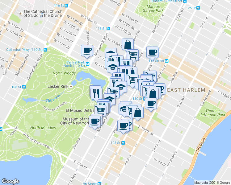 map of restaurants, bars, coffee shops, grocery stores, and more near in New York