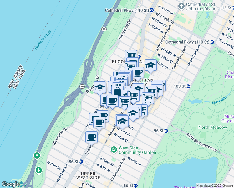 map of restaurants, bars, coffee shops, grocery stores, and more near 2576 Broadway in New York