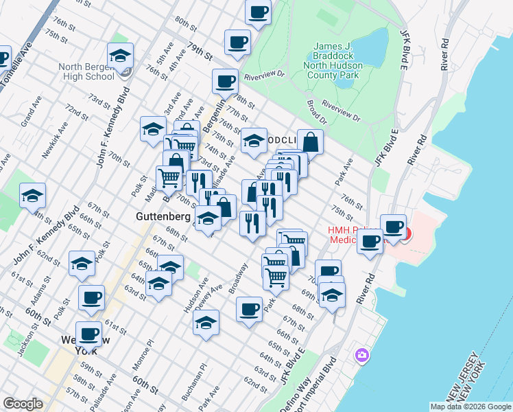 map of restaurants, bars, coffee shops, grocery stores, and more near 226 72nd Street in North Bergen