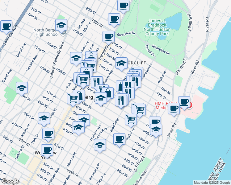 map of restaurants, bars, coffee shops, grocery stores, and more near 310 71st Street in Guttenberg