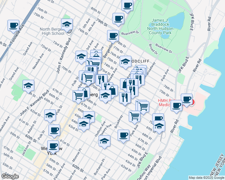 map of restaurants, bars, coffee shops, grocery stores, and more near 310 71st Street in Guttenberg