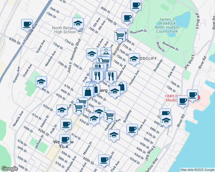 map of restaurants, bars, coffee shops, grocery stores, and more near 419 70th Street in Guttenberg