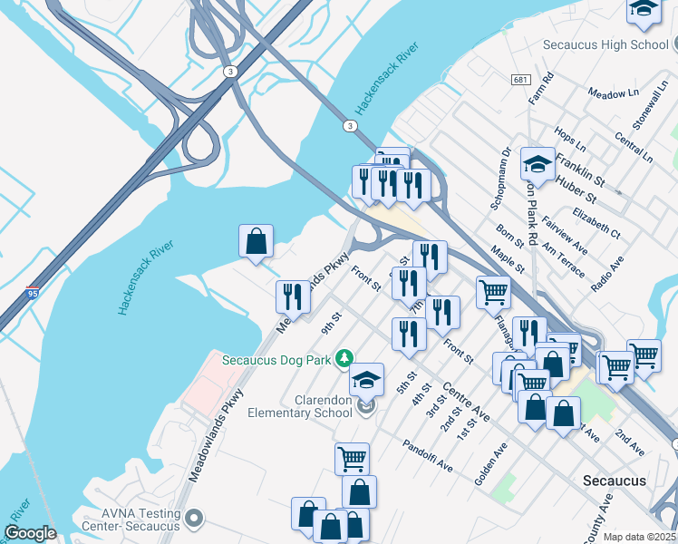 map of restaurants, bars, coffee shops, grocery stores, and more near 782 10th Street in Secaucus