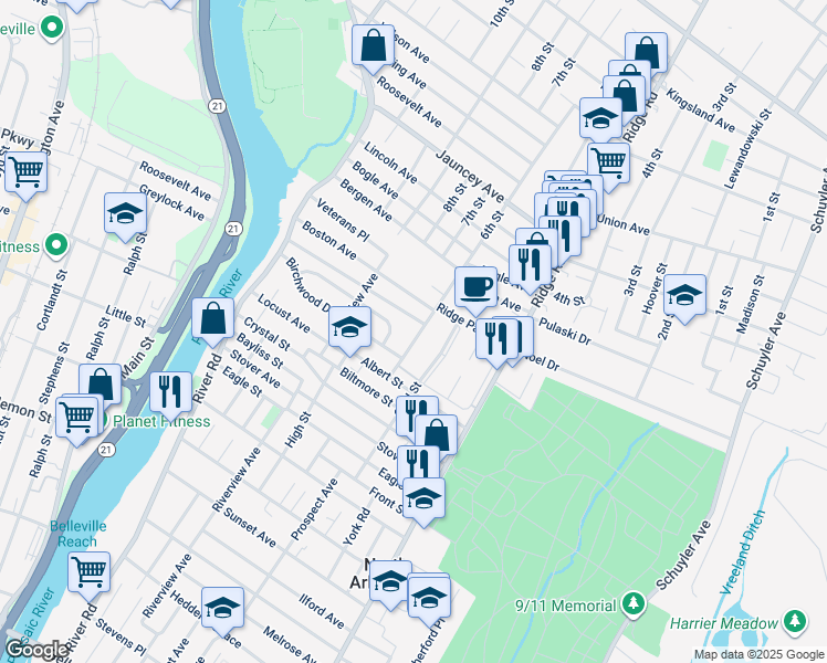 map of restaurants, bars, coffee shops, grocery stores, and more near 6 Allan Drive in North Arlington