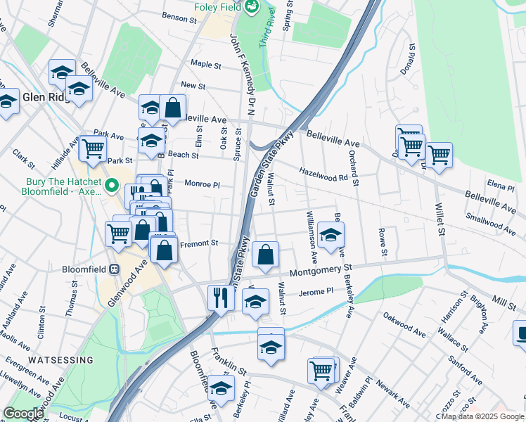 map of restaurants, bars, coffee shops, grocery stores, and more near 127 Liberty Street in Bloomfield