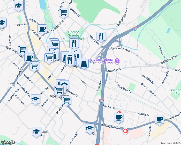 map of restaurants, bars, coffee shops, grocery stores, and more near 185 Morris Street in Morristown