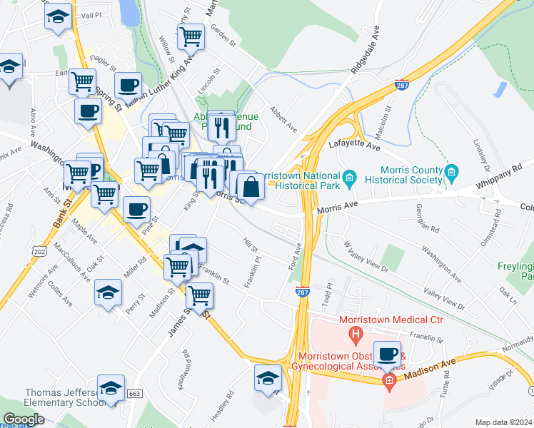 map of restaurants, bars, coffee shops, grocery stores, and more near 185 Morris Street in Morristown