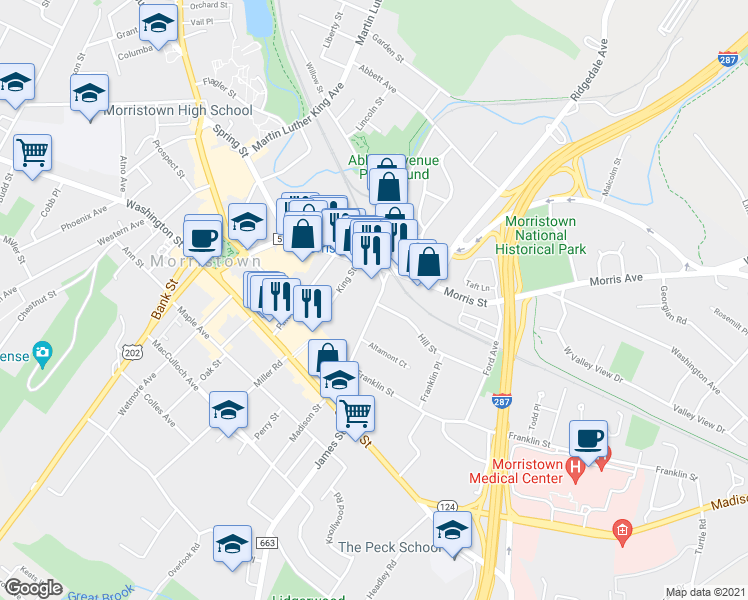 map of restaurants, bars, coffee shops, grocery stores, and more near 60 Elm Street in Morristown