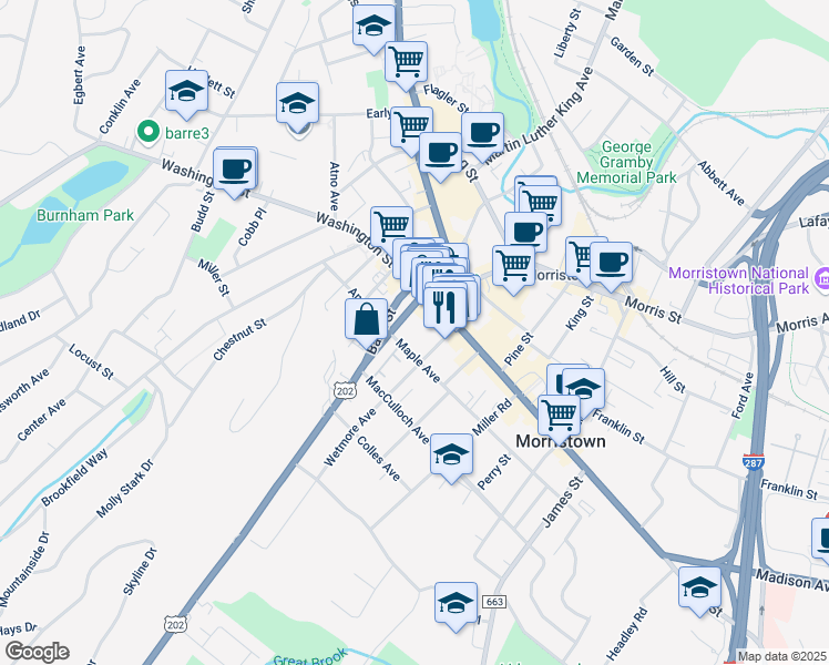map of restaurants, bars, coffee shops, grocery stores, and more near 40 Market Street in Morristown