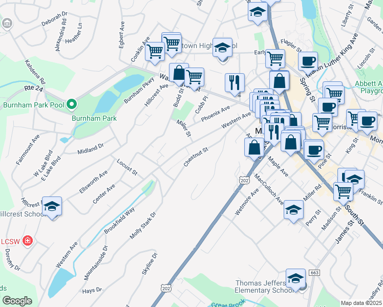 map of restaurants, bars, coffee shops, grocery stores, and more near 50 Chestnut Street in Morristown