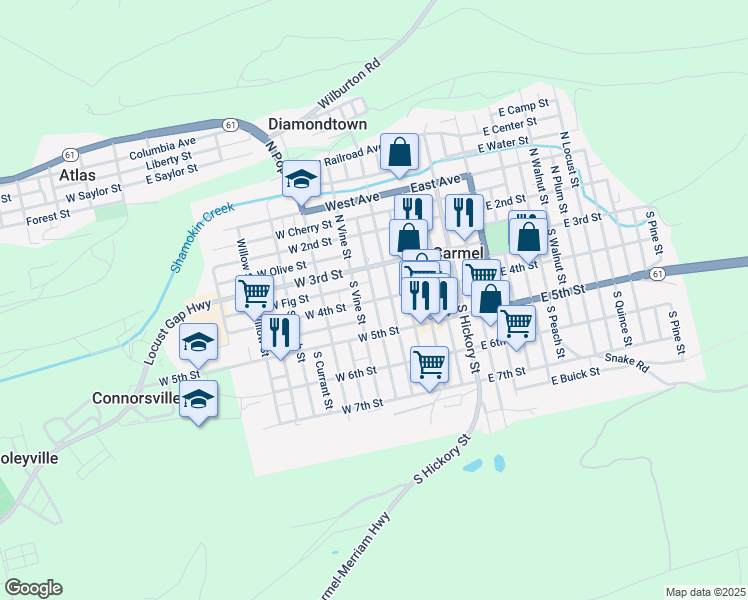 map of restaurants, bars, coffee shops, grocery stores, and more near 121 West 4th Street in Mount Carmel