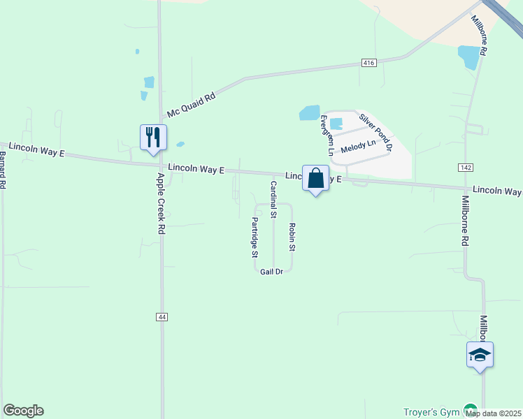 map of restaurants, bars, coffee shops, grocery stores, and more near 151 Partridge Street in Apple Creek