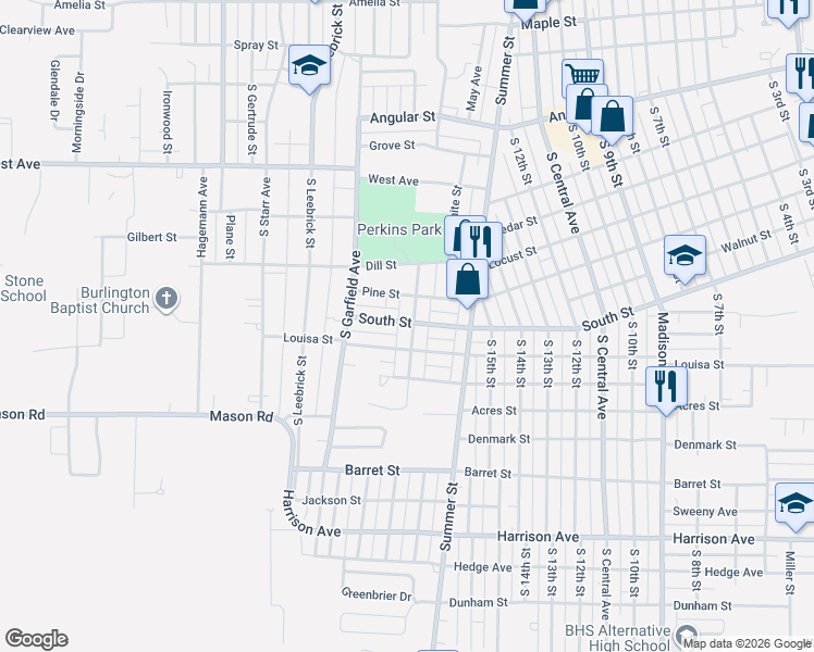 map of restaurants, bars, coffee shops, grocery stores, and more near 1711 South St in Burlington