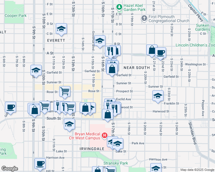 map of restaurants, bars, coffee shops, grocery stores, and more near 1634 Prospect Street in Lincoln
