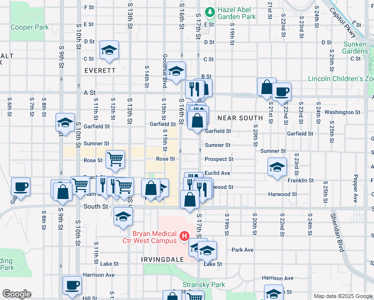 map of restaurants, bars, coffee shops, grocery stores, and more near 1634 Prospect Street in Lincoln