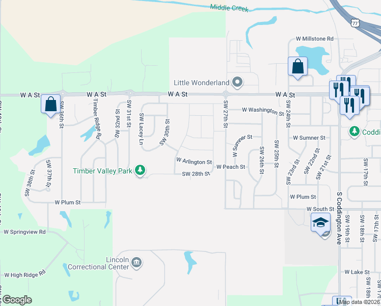 map of restaurants, bars, coffee shops, grocery stores, and more near 2901 West Rose Street in Lincoln
