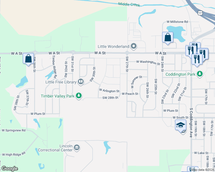 map of restaurants, bars, coffee shops, grocery stores, and more near 2901 West Rose Street in Lincoln