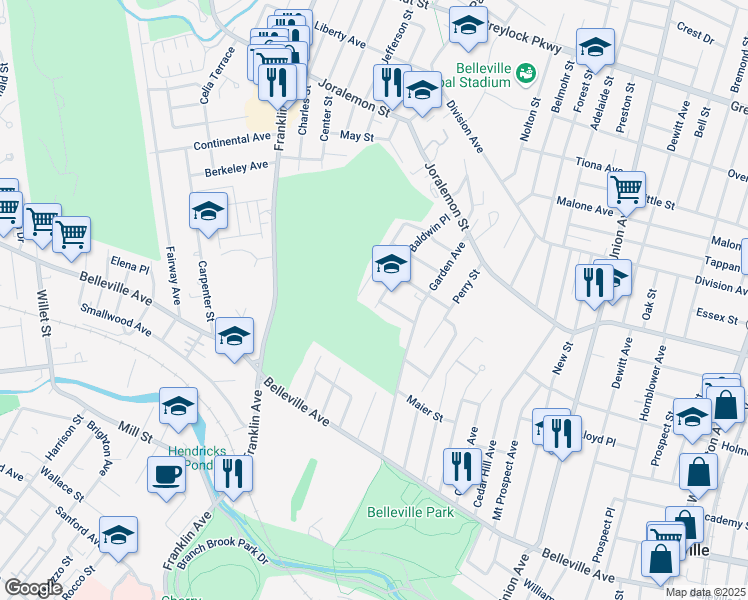 map of restaurants, bars, coffee shops, grocery stores, and more near 9 Baldwin Place in Belleville