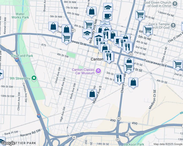 map of restaurants, bars, coffee shops, grocery stores, and more near 537 Cleveland Avenue Southwest in Canton