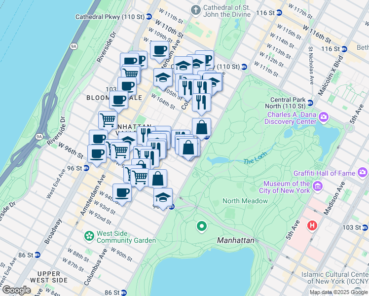 map of restaurants, bars, coffee shops, grocery stores, and more near 20 Manhattan Avenue in New York