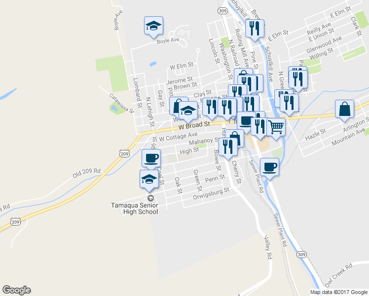 map of restaurants, bars, coffee shops, grocery stores, and more near 252 Mahanoy Street in Tamaqua