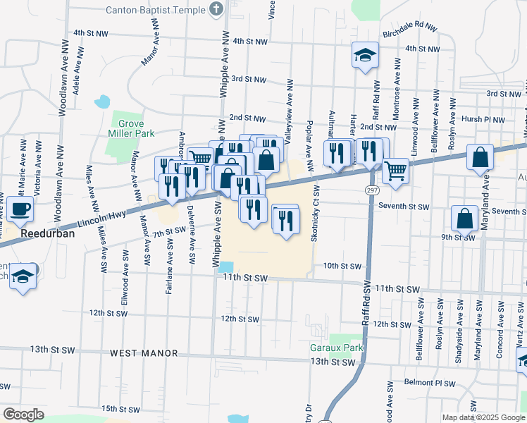 map of restaurants, bars, coffee shops, grocery stores, and more near 4080 Tuscarawas Street West in Canton