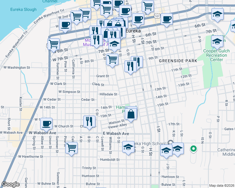 map of restaurants, bars, coffee shops, grocery stores, and more near 1240 E Street in Eureka