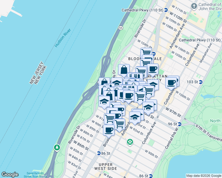 map of restaurants, bars, coffee shops, grocery stores, and more near 315 West 96th Street in New York