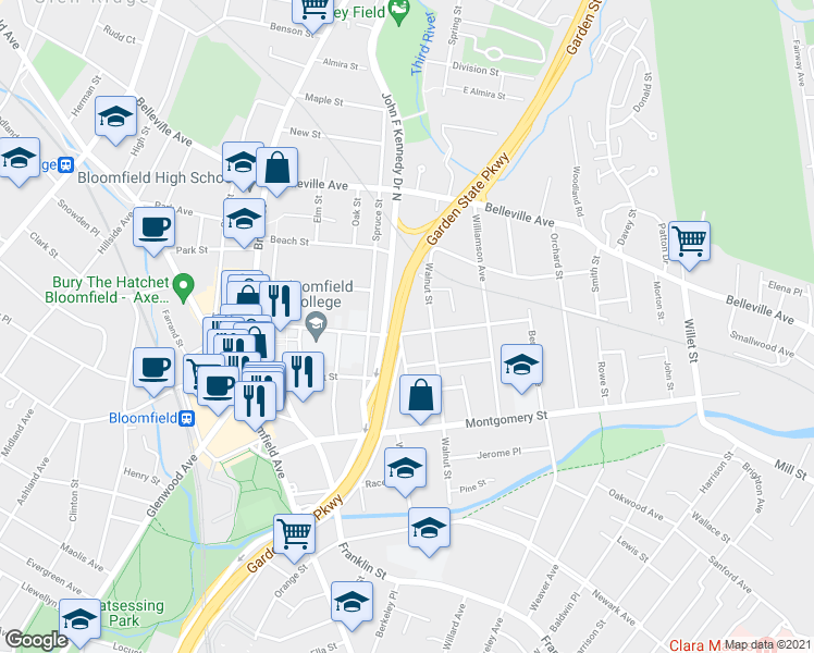 map of restaurants, bars, coffee shops, grocery stores, and more near 127 Liberty Street in Bloomfield