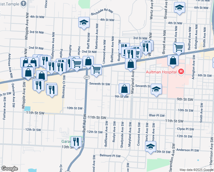 map of restaurants, bars, coffee shops, grocery stores, and more near 3412 Seventh Street Southwest in Canton