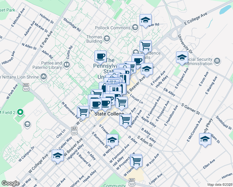 map of restaurants, bars, coffee shops, grocery stores, and more near 236 East Calder Way in State College