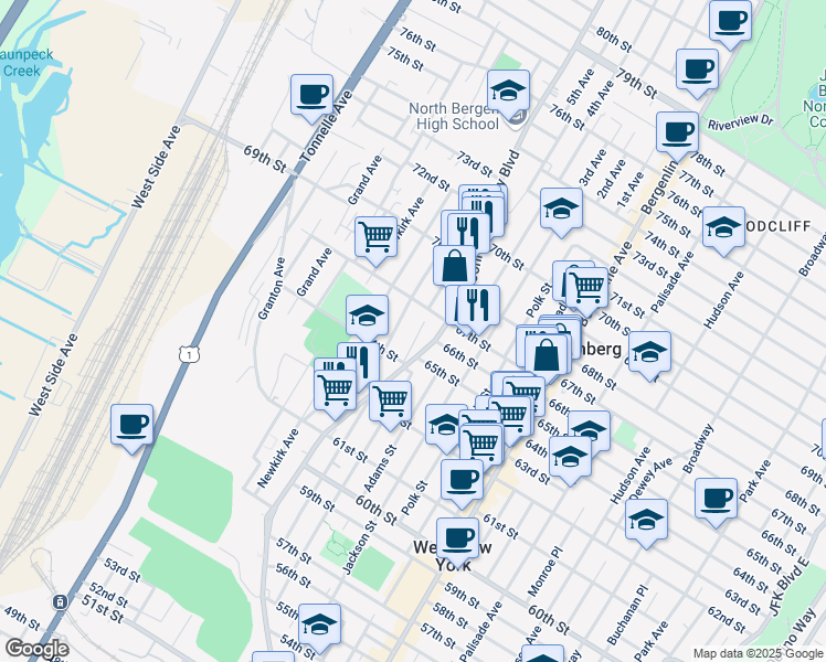 map of restaurants, bars, coffee shops, grocery stores, and more near 6513 Bergenwood Avenue in North Bergen