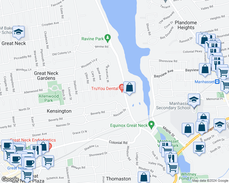 map of restaurants, bars, coffee shops, grocery stores, and more near 8 2nd Road in Great Neck