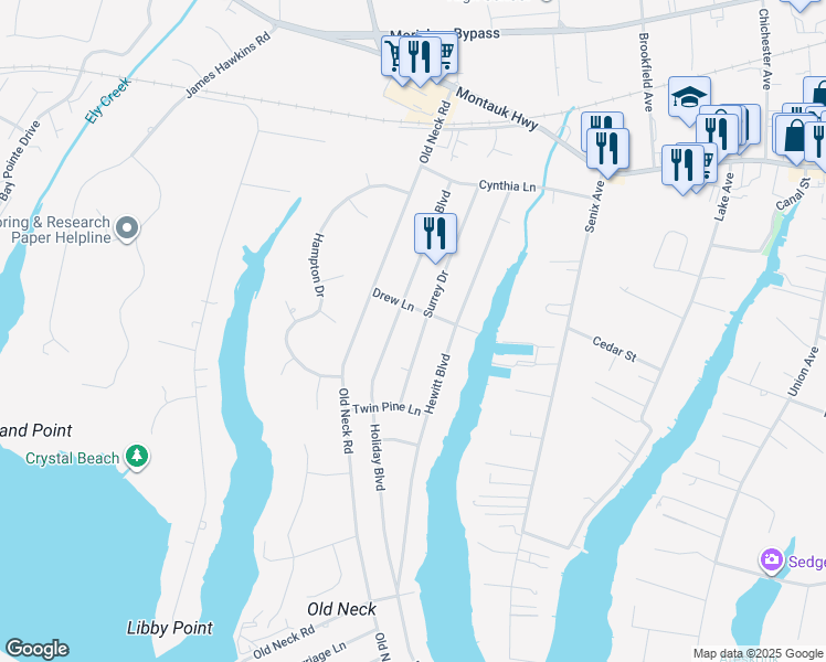 map of restaurants, bars, coffee shops, grocery stores, and more near 66 Surrey Drive in Center Moriches