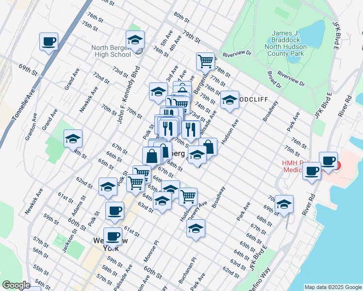 map of restaurants, bars, coffee shops, grocery stores, and more near 419 70th Street in Guttenberg