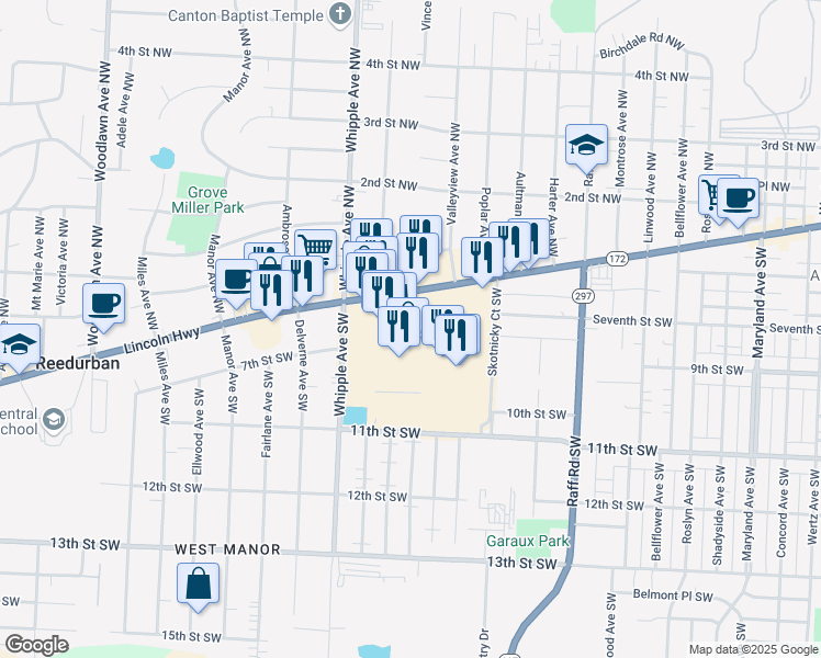 map of restaurants, bars, coffee shops, grocery stores, and more near 4080 Tuscarawas Street West in Canton