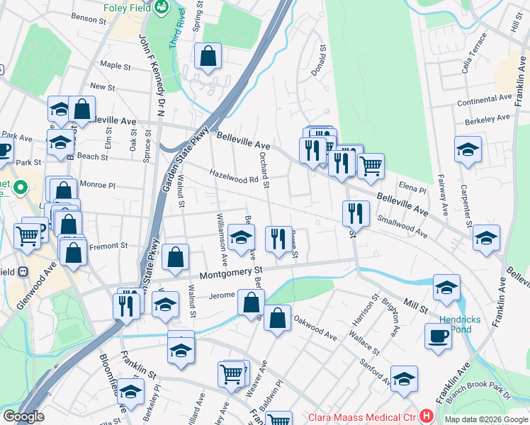 map of restaurants, bars, coffee shops, grocery stores, and more near 70 Orchard Street in Bloomfield