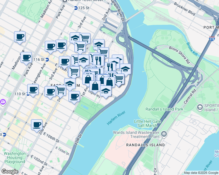 map of restaurants, bars, coffee shops, grocery stores, and more near 318 Pleasant Avenue in New York
