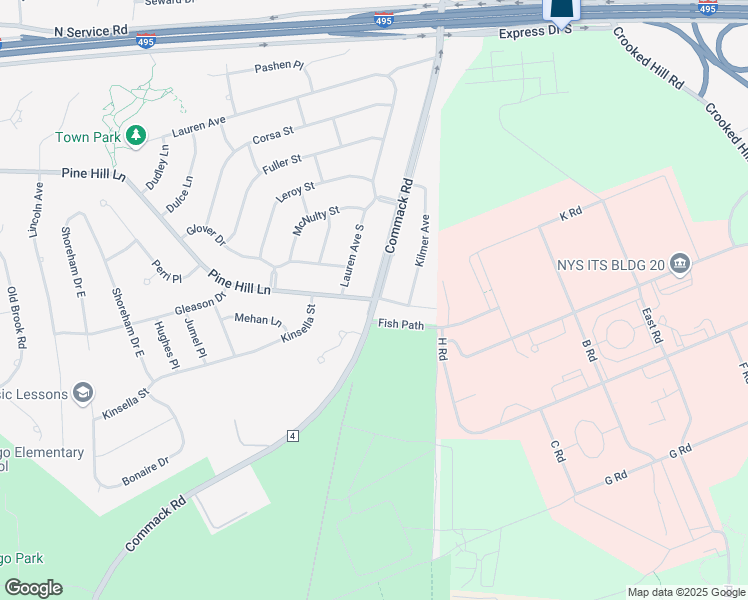 map of restaurants, bars, coffee shops, grocery stores, and more near Commack Road & Pine Hill Lane in Huntington Station